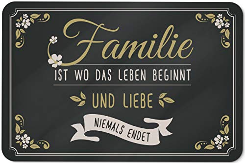 Fußmatte mit Spruch Familie ist wo das Leben beginnt und Liebe Niemals endet - Türmatte innen & außen waschbar - Deutsche Qualität von Tassenbrennerei