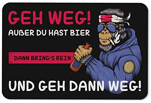Fußmatte mit Spruch GEH Weg außer du hast Bier dann Brings rein und GEH dann Weg! - Türmatte waschbar - AFFE Chimpanse lustig von Tassenbrennerei
