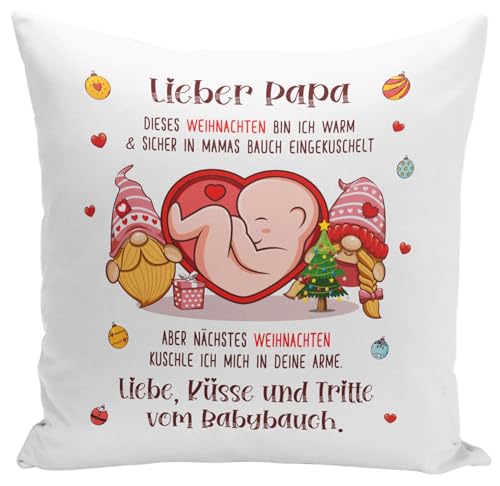 Kissen - Lieber Papa Dieses Weihnachten Bin ich noch in Mamas Bauch - Geschenk zum Schwangerschaft verkünden - Schwanger - Nikolaus - Du wirst (Papa) von Tassenbrennerei