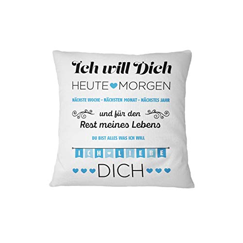 Kissen mit Spruch Ich Will Dich, Ich Liebe Dich - Geschenk für Frau, Freundin - Kissenhülle inklusive Kissen (Hellblau) von Tassenbrennerei