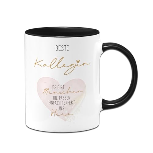 Tasse - Beste Kollegin - Es gibt Menschen die passen einfach perfekt ins Herz - Geschenk für Arbeitskollegin - Abschiesgeschenk zum Abschied - Dankeschön Geschenkidee (Schwarz) von Tassenbrennerei