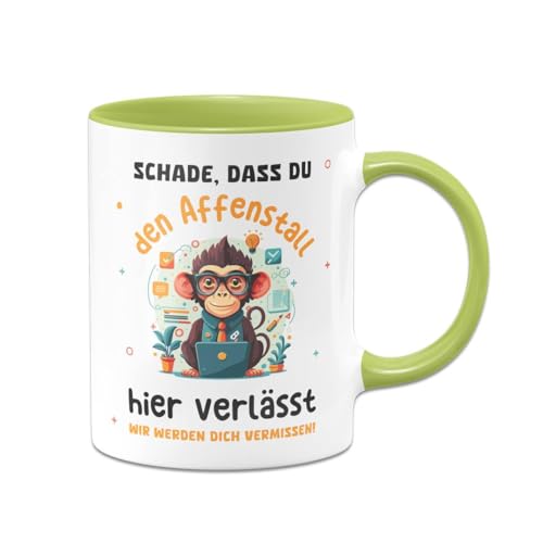 Tasse zum Abschied - Schade, dass Du den Affenstall hier verlässt - Kaffeetasse lustig mit Spruch als Abschiedsgeschenk für Kollegen, Kollegin zum Jobwechsel (Hellgrün) von Tassenbrennerei