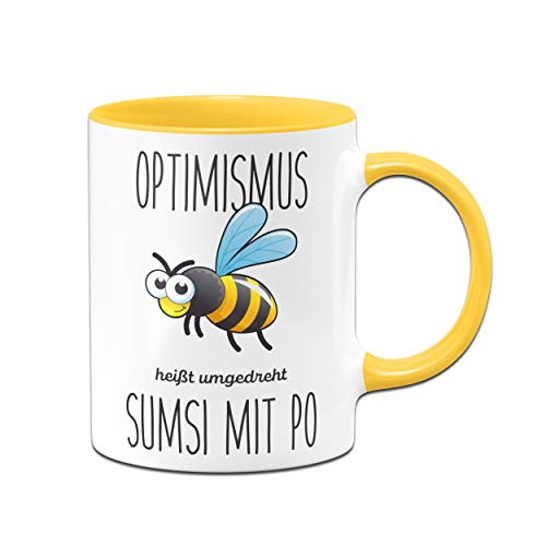 Tassenbrennerei Bienen Tasse mit Spruch Optimismus heißt umgedreht Sumsi mit Po lustige Bürotasse Sprüche Tassen lustig - gelb von Tassenbrennerei