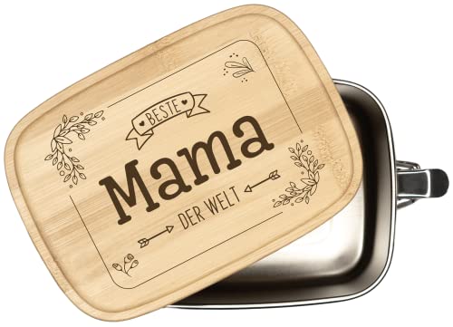 Tassenbrennerei Brotdose - Beste Mama der Welt - 1000ml Edelstahl mit Bambusdeckel mit Gravur - Geschenk für Mutter (Mama) von Tassenbrennerei