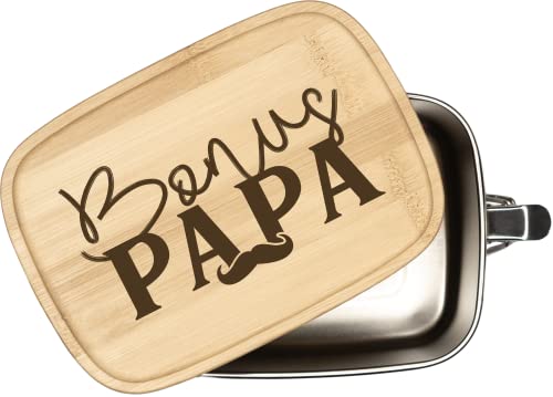 Tassenbrennerei Brotdose mit Spruch - Bonus Papa - 1000ml Edelstahl Box mit Bambusdeckel graviert - Geschenk für Stiefvater (Bonus Papa) von Tassenbrennerei