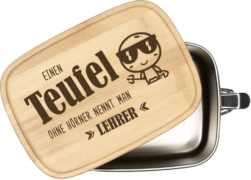 Tassenbrennerei Brotdose mit Spruch - Einen Teufel ohne Hörner nennt man Lehrer - 1000ml Edelstahl Box mit Bambusdeckel graviert - Geschenk für Klassenlehrer, Lehrkraft (Lehrer) von Tassenbrennerei
