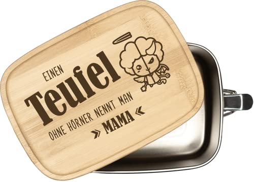 Tassenbrennerei Brotdose mit Spruch - Einen Teufel ohne Hörner nennt man Mama - 1000ml Edelstahl Box mit Bambusdeckel graviert - Geschenk für Mutter (Mama) von Tassenbrennerei