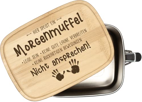 Tassenbrennerei Brotdose mit Spruch - Hier speist ein Morgenmuffel - 1000ml Edelstahl Box mit Bambusdeckel graviert - Geschenk lustig für Freund, Freundin von Tassenbrennerei