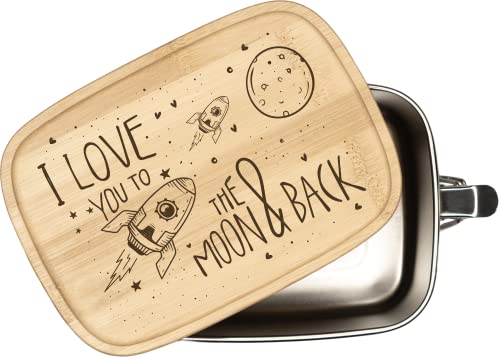 Tassenbrennerei Brotdose mit Spruch - I love you to the moon & back - 1000ml Edelstahl Box mit Bambusdeckel graviert - Geschenk für Freund, Freundin, Ich liebe Dich von Tassenbrennerei