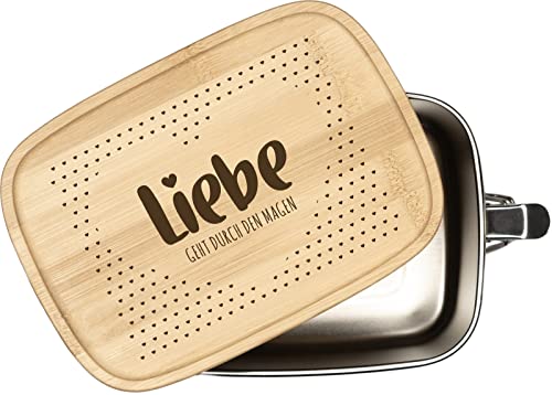 Tassenbrennerei Brotdose mit Spruch - Liebe geht durch den Magen - 1000ml Edelstahl Box mit Bambusdeckel graviert - Geschenk für Freundin, Freund - Ich liebe Dich Geschenk von Tassenbrennerei