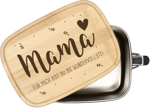 Tassenbrennerei Brotdose mit Spruch - Mama für mich bist Du die Wundervollste - 1000ml Edelstahl Box mit Bambusdeckel graviert - Geschenk für Mutter von Tassenbrennerei