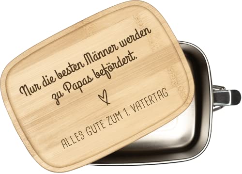 Tassenbrennerei Brotdose mit Spruch - Nur die besten Männer werden zu Papas befördert. - 1000ml Edelstahl Box mit Bambusdeckel graviert - Geschenk zum 1. Vatertag von Tassenbrennerei