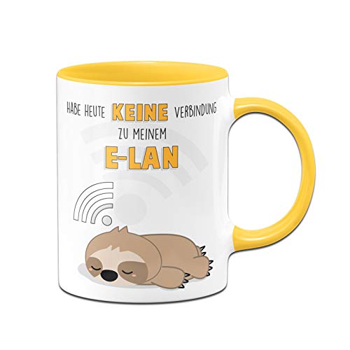 Tassenbrennerei Faultier Tasse mit Spruch Habe Heute Keine Verbindung zu Meinem E-LAN - Kaffeetasse lustig - Geschenk Kollegin - Spülmaschinenfest (Gelb) von Tassenbrennerei