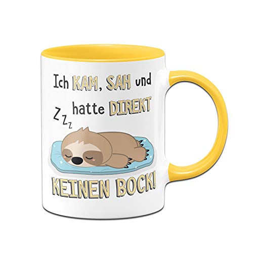 Tassenbrennerei Faultier-Tasse mit Spruch Ich kam, SAH und Hatte direkt keinen Bock! - Kaffeetasse lustig - Spülmaschinenfest (Gelb) von Tassenbrennerei