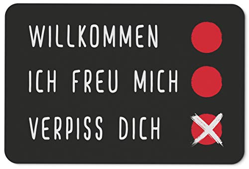 Tassenbrennerei Fußmatte mit Spruch Willkommen, Ich freu Mich, Verpiss Dich - Türmatte lustig - waschbar für innen & außen - Deutsche Qualität von Tassenbrennerei