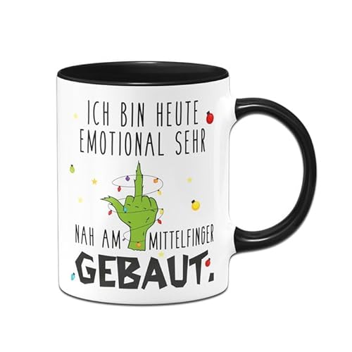 Tassenbrennerei Grinch Tasse - Ich bin heute emotional sehr nah am gebaut - Weihnachtstasse lustig mit Spruch - Kaffeetasse Anti Weihnachten (Schwarz) von Tassenbrennerei