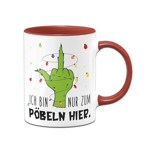 Tassenbrennerei Grinch Tasse - Ich bin nur zum Pöbeln hier - Weihnachtstasse lustig, Kaffeetasse mit Spruch - Weihnachts-Deko, Bürotasse (Rot) von Tassenbrennerei