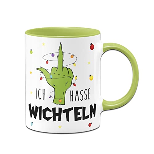 Tassenbrennerei Grinch Tasse - Ich hasse Wichteln - Hand mit Lichterkette - Weihnachtstasse als Geschenk, Wichtelgeschenk zum wichteln - Schrottwichteln (Hellgrün) von Tassenbrennerei