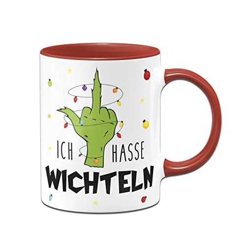 Tassenbrennerei Grinch Tasse - Ich hasse Wichteln - Hand mit Lichterkette - Weihnachtstasse als Geschenk, Wichtelgeschenk zum wichteln - Schrottwichteln (Rot) von Tassenbrennerei