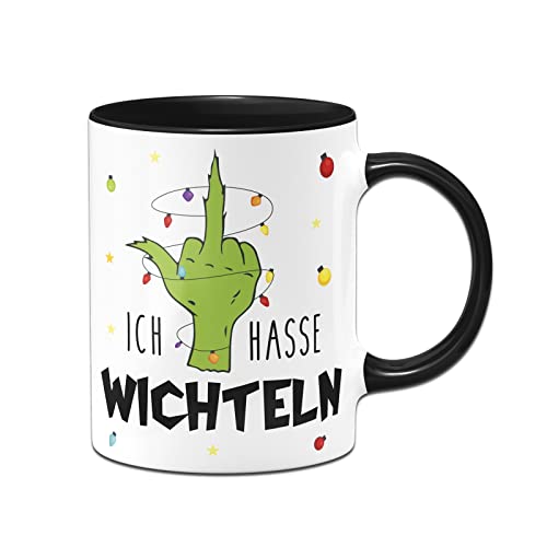 Tassenbrennerei Grinch Tasse - Ich hasse Wichteln - Hand mit Lichterkette - Weihnachtstasse als Geschenk, Wichtelgeschenk zum wichteln - Schrottwichteln (Schwarz) von Tassenbrennerei