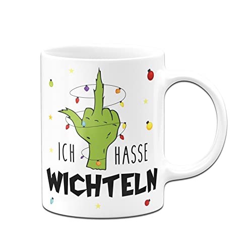 Tassenbrennerei Grinch Tasse - Ich hasse Wichteln - Hand mit Lichterkette - Weihnachtstasse als Geschenk, Wichtelgeschenk zum wichteln - Schrottwichteln (Weiß) von Tassenbrennerei