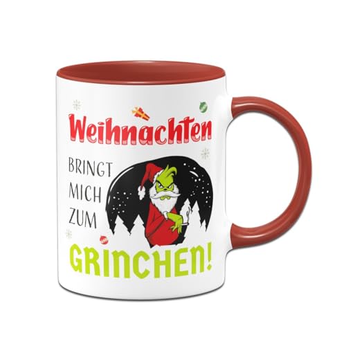 Tassenbrennerei Grinch Tasse - Weihnachten bringt mich zum Grinchen! - Weihnachtstasse mit Spruch lustig - Kaffeetasse, Bürotasse (Rot) von Tassenbrennerei