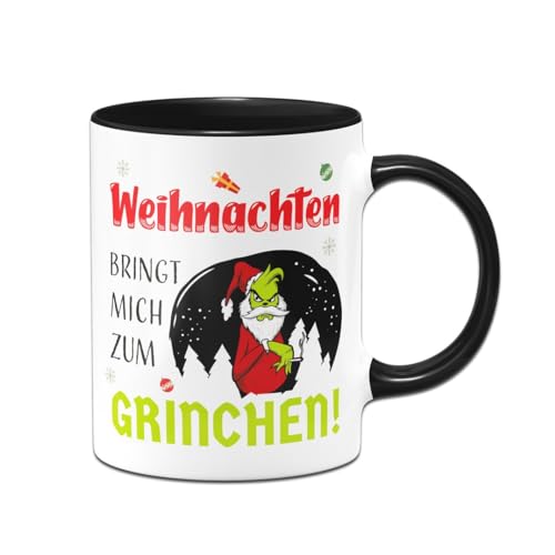 Tassenbrennerei Grinch Tasse - Weihnachten bringt mich zum Grinchen! - Weihnachtstasse mit Spruch lustig - Kaffeetasse, Bürotasse (Schwarz) von Tassenbrennerei