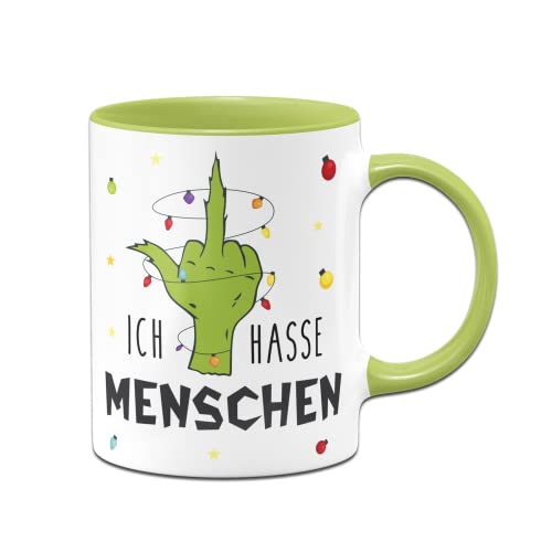 Tassenbrennerei Grinch Tasse mit Spruch: Ich hasse Menschen - Motiv Hand mit Lichterkette - Weihnachtstasse, Kaffeetasse lustig (Hellgrün) von Tassenbrennerei