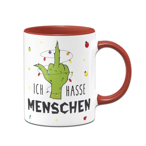 Tassenbrennerei Grinch Tasse mit Spruch: Ich hasse Menschen - Motiv Hand mit Lichterkette - Weihnachtstasse, Kaffeetasse lustig (Rot) von Tassenbrennerei