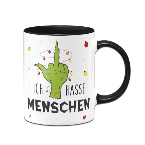 Tassenbrennerei Grinch Tasse mit Spruch: Ich hasse Menschen - Motiv Hand mit Lichterkette - Weihnachtstasse, Kaffeetasse lustig (Schwarz) von Tassenbrennerei