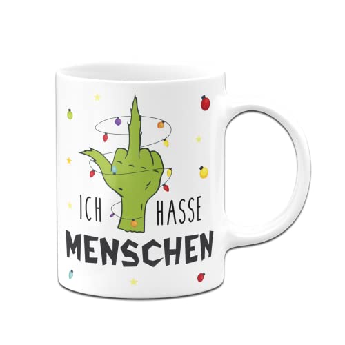 Tassenbrennerei Grinch Tasse mit Spruch: Ich hasse Menschen - Motiv Hand mit Lichterkette - Weihnachtstasse, Kaffeetasse lustig (Weiß) von Tassenbrennerei