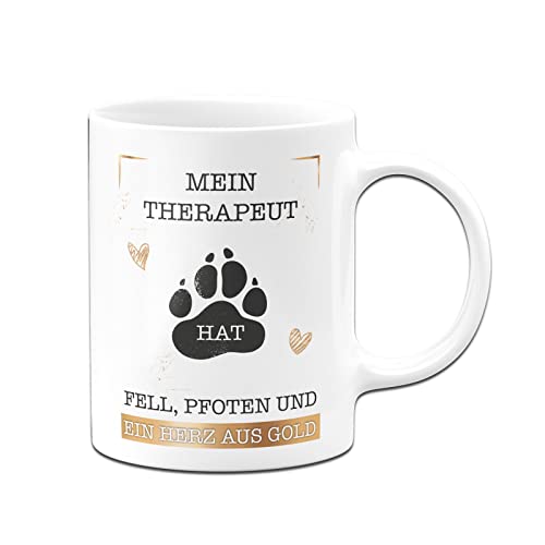 Tassenbrennerei Hunde-Tasse mit Spruch Mein Therapeut hat Fell, Pfote und ein Herz aus Gold - Kaffeetasse als Geschenk für Hundebesitzer (Weiß, Hund) von Tassenbrennerei