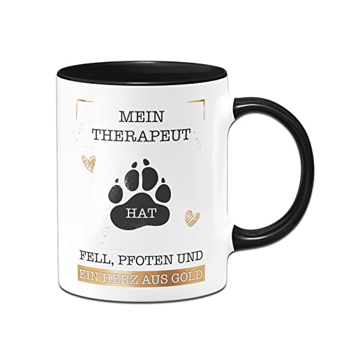 Tassenbrennerei Hunde Tasse mit Spruch Mein Therapeut hat Fell, Pfoten und ein Herz aus Gold - Kaffeetasse als Geschenk Hundebesitzer (Schwarz, Hund) von Tassenbrennerei
