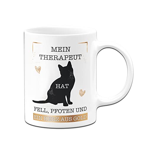 Tassenbrennerei Katzen-Tasse mit Spruch Mein Therapeut hat Fell, Pfoten und ein Herz aus Gold - Kaffeetasse als Geschenk (Weiß, Katze) von Tassenbrennerei