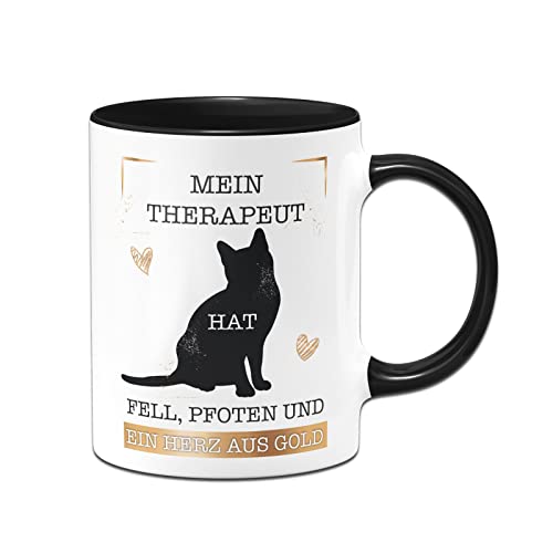 Tassenbrennerei Katzentasse mit Spruch Mein Therapeut hat Fell, Pfoten und ein Herz aus Gold - Kaffeetasse als Geschenk Katzenbesitzer (Schwarz, Katze) von Tassenbrennerei