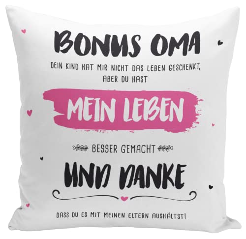 Tassenbrennerei Kissen mit Spruch Bonus Oma, du hast Mein Leben Besser gemacht - Motivkissen als Geschenk für Stiefoma (Bonus Oma) von Tassenbrennerei