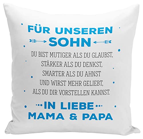 Tassenbrennerei Kissen mit Spruch Für unseren Sohn von Mama und Papa - Geschenk für Kind von Eltern von Tassenbrennerei