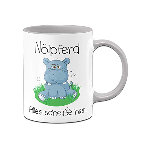 Tassenbrennerei Nölpferd Tasse mit Spruch Alles Scheiße Hier - Nielpferd Hippo Kaffeetasse lustig - Spülmaschinenfest (Grau) von Tassenbrennerei