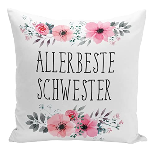 Tassenbrennerei Original - Kissen mit Spruch Allerbeste Schwester mit Blümchen - Waschbar - Deutsche Qualität - Geschenk Geschwister (Schwester) von Tassenbrennerei