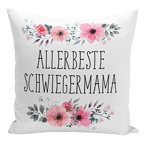 Tassenbrennerei Original - Kissen mit Spruch Allerbeste Schwiegermama mit Blümchen - Waschbar - Deutsche Qualität - Geschenk Schwiegermutter (Schwiegermama) von Tassenbrennerei