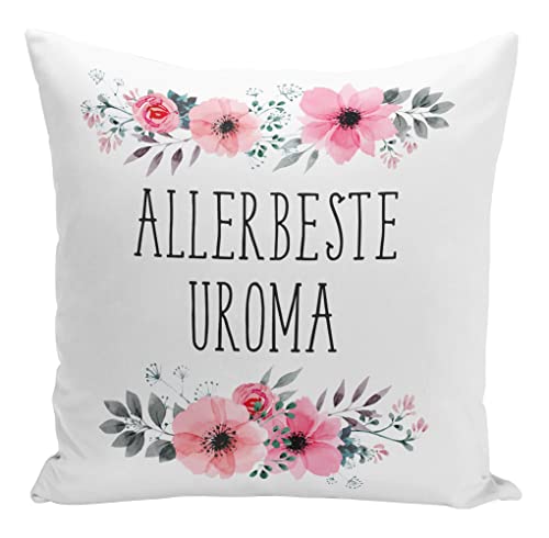 Tassenbrennerei Original - Kissen mit Spruch Allerbeste Uroma mit Blümchen - Waschbar - Deutsche Qualität - Geschenk Oma (Uroma) von Tassenbrennerei