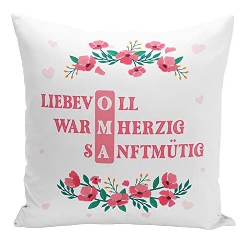 Tassenbrennerei Original - Kissen mit Spruch Oma Liebevoll, Warmherzig, Sanftmütig - Geschenk Großmutter, Großeltern von Tassenbrennerei