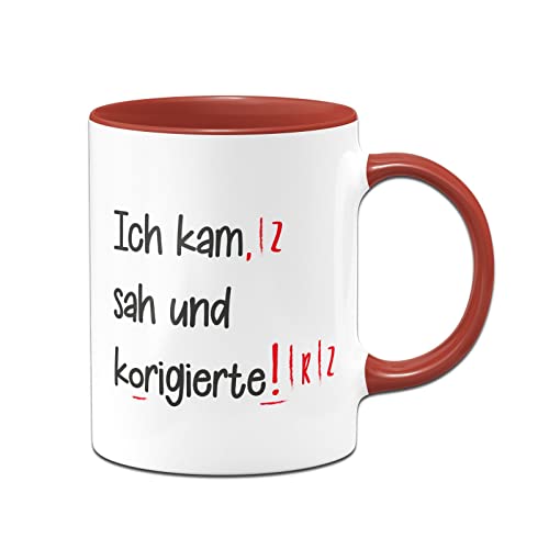 Tassenbrennerei Original - Lehrer Tasse mit Spruch Ich kam sah und korigierte - Kaffeetasse lustig als Geschenk für Lehrer & Lehrerin (Rot) von Tassenbrennerei