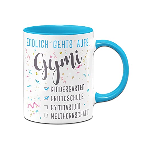 Tassenbrennerei Original Tasse Endlich gehts aufs Gymi - Geschenk zum Schulwechsel 5. Klasse Gymnasium - Einschulung weiterführende Schule (Blau) von Tassenbrennerei