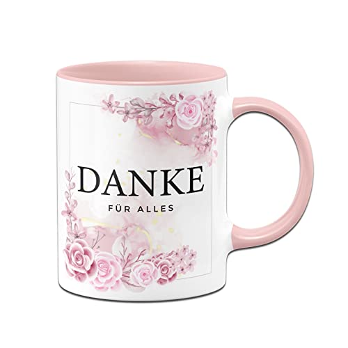 Tassenbrennerei Original Tasse mit Spruch Danke für alles - Blumen Aquarell - Büro Kaffeetasse Dankesgeschenk Abschied Geschenk für Freundin, Chefin, Arbeitskollegin (Rosa) von Tassenbrennerei