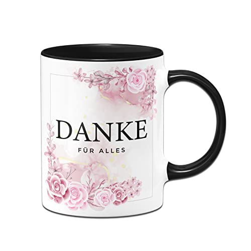 Tassenbrennerei Original Tasse mit Spruch Danke für alles - Blumen Aquarell - Büro Kaffeetasse Dankesgeschenk Abschied Geschenk für Freundin, Chefin, Arbeitskollegin (Schwarz) von Tassenbrennerei