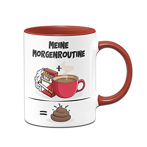 Tassenbrennerei Original - Tasse mit Spruch: Meine Morgenroutine - Kaffeetasse lustig Geschenk für Männer (Rot) von Tassenbrennerei