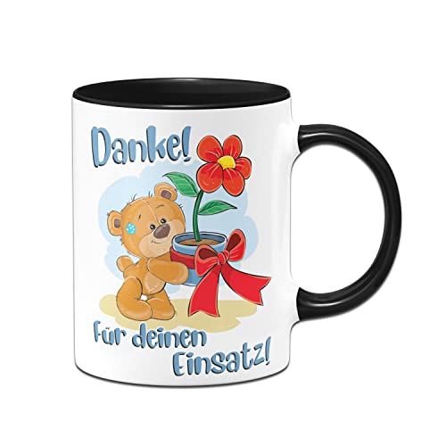 Tassenbrennerei Orignal Tasse mit Spruch Danke für Deinen Einsatz mit Teddy und Blumen - Abschiedsgeschenk für Lehrer, Erzieherin oder zum Dank für die Hilfe (Schwarz) von Tassenbrennerei