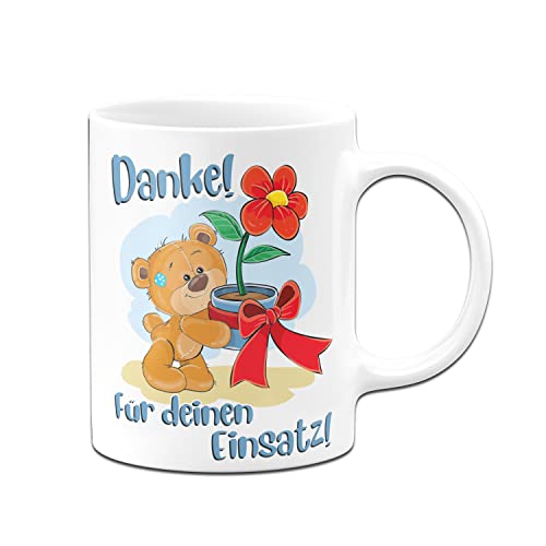 Tassenbrennerei Orignal Tasse mit Spruch Danke für Deinen Einsatz mit Teddy und Blumen - Abschiedsgeschenk für Lehrer, Erzieherin oder zum Dank für die Hilfe (Weiß) von Tassenbrennerei