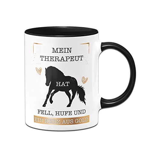 Tassenbrennerei Pferde-Tasse mit Spruch Mein Therapeut hat Fell, Hufe und ein Herz aus Gold - Kaffeetasse als Geschenk (Schwarz, Pferd) von Tassenbrennerei